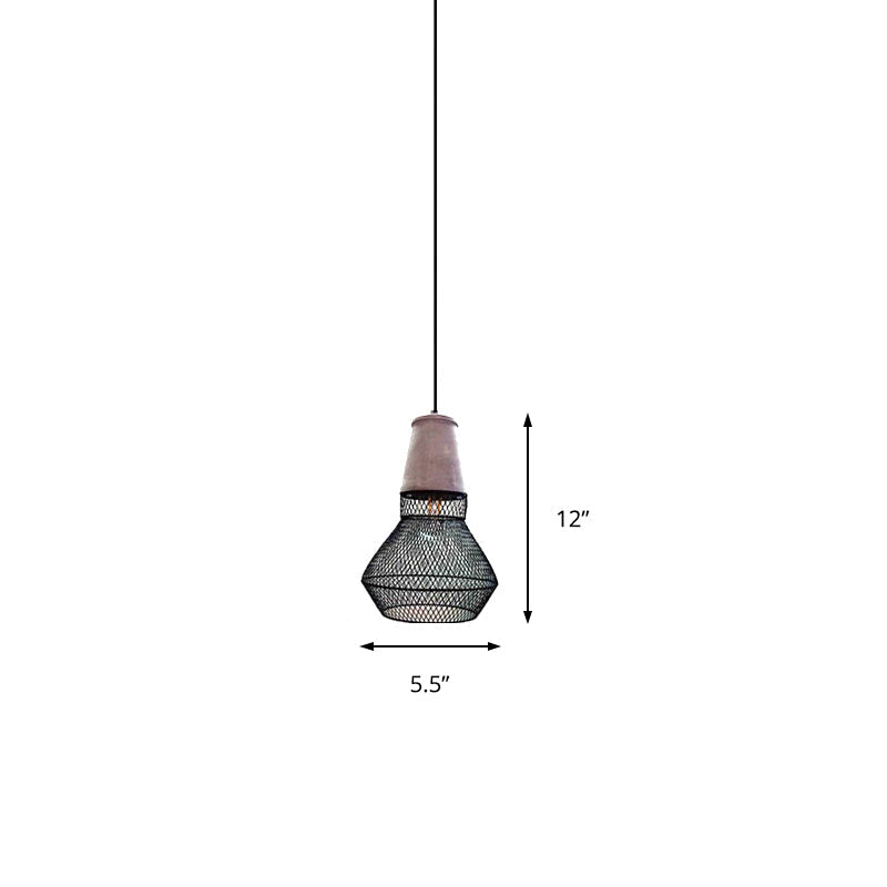 Contemporary Stone Cone Pendant Lamp - 1 Light Hanging Ceiling For Restaurants Black/Red Wire-Cage