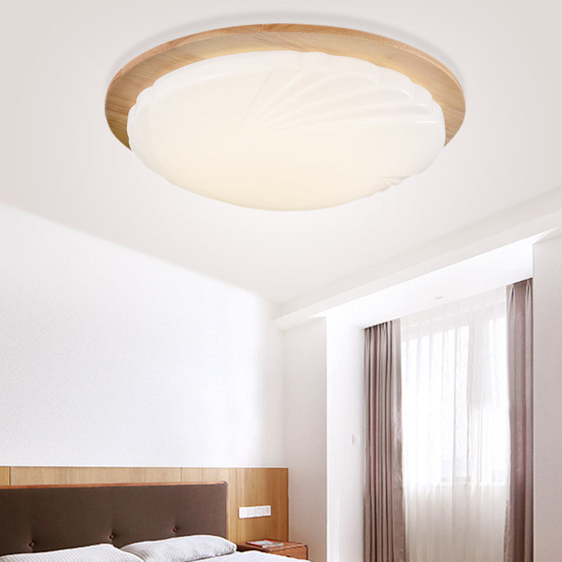 Contemporary Beige LED Flush Mount Lamp with Wood Canopy - 12"/15" Wide Sphere Design