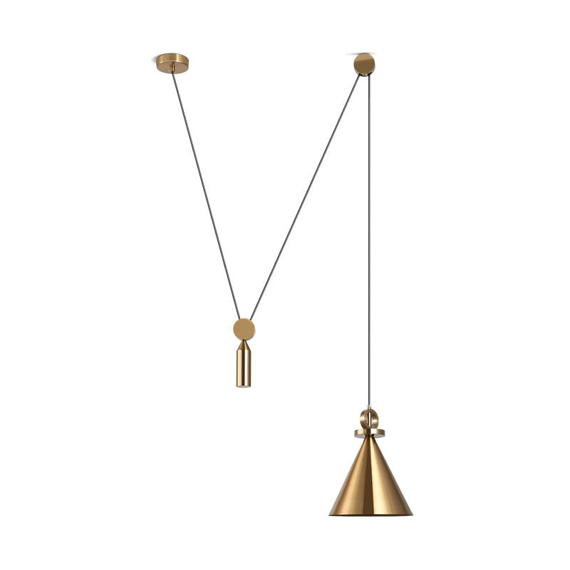 Postmodern Conical Metallic Ceiling Pendant Light with Gold Pulley for Living Room