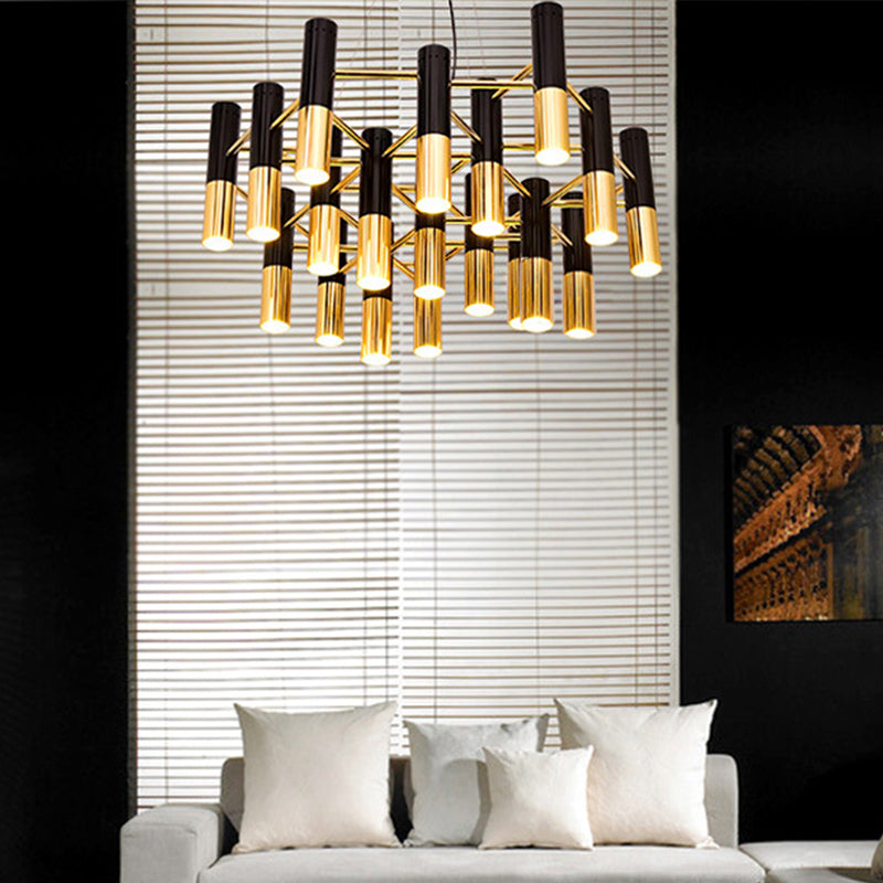 Lustre LED à tube doré - Luminaire post-moderne en métal pour salon
