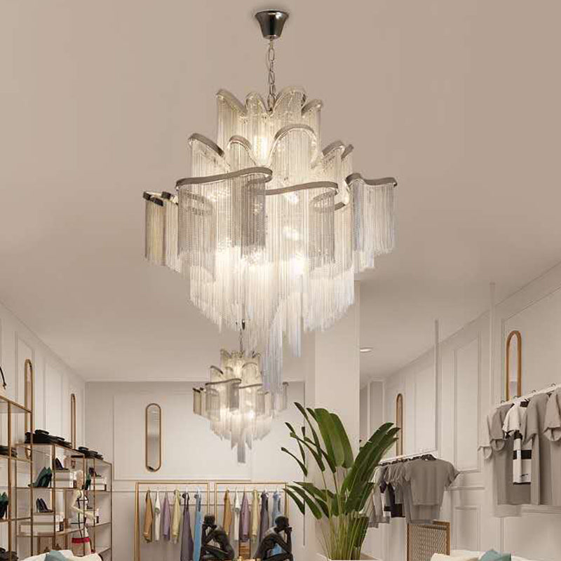 Postmodern Silver Chandelier Light Fixture for Living Room with Aluminum Tiered Chain Ceiling Lighting