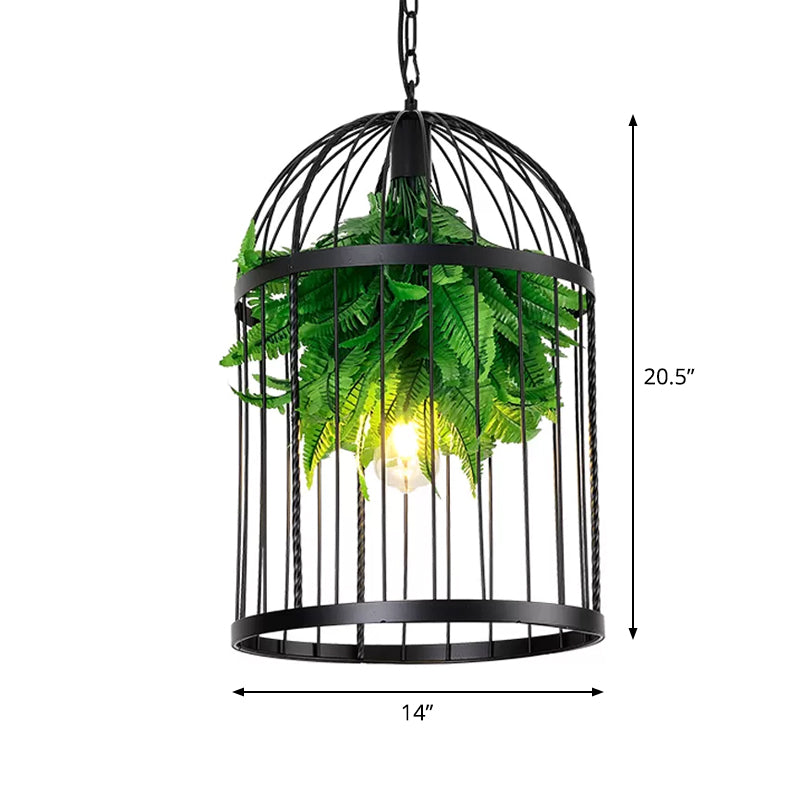 Lampe suspendue en fer de style ferme : suspension en forme de cage à oiseaux noire avec décor végétal
