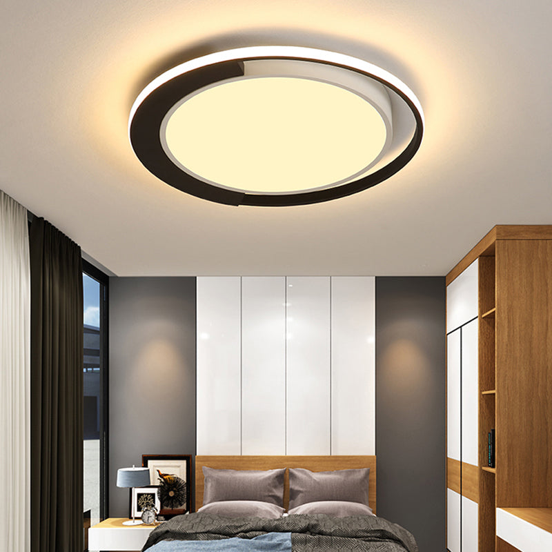 Modern LED Black and White Round Flush Ceiling Lamp with Recessed Diffuser, 16"/19.5" Wide, in White/Warm Light