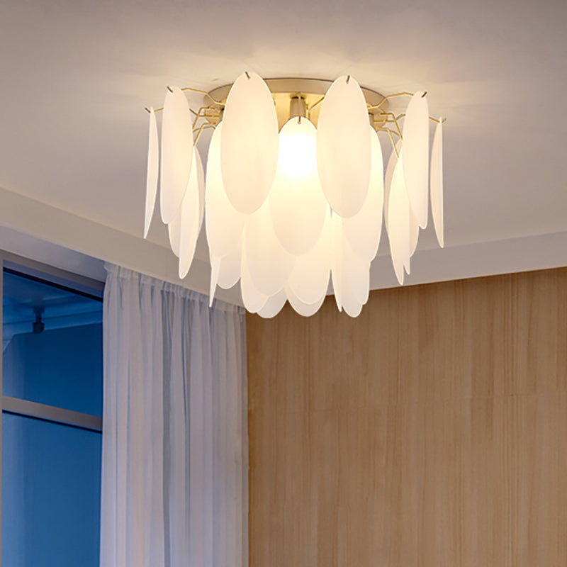 Contemporary White Glass Feather-Shaped Flush Mount Lamp - 22.5"/28" Wide - 6-Light Living Room Ceiling Fixture