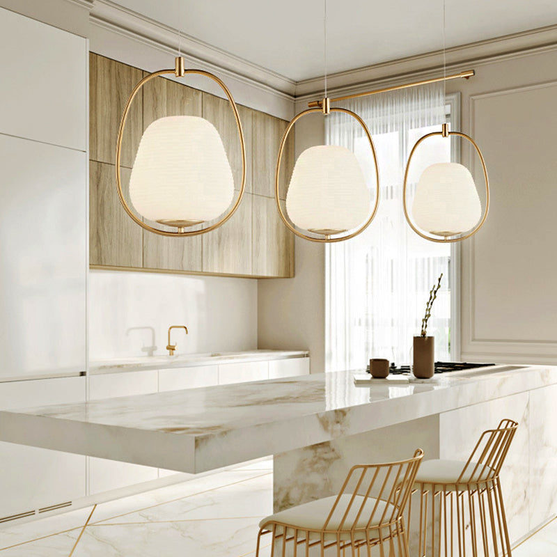Modern Gold Iron Ring Pendant Lamp with White Glass - Oval Dining Room Fixture