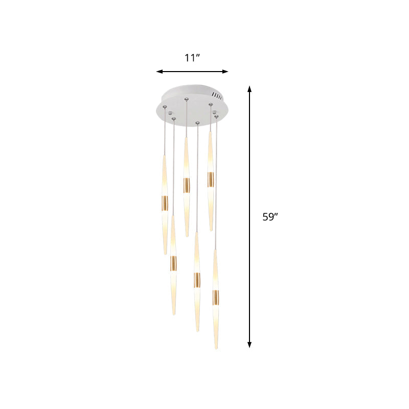 Modernist Acrylic Flute Pendant Light with Cluster Design - 5/6 Lights, White Finish - Ceiling Hanging Lamp Fixture with Round/Linear Canopy in White/Warm Light