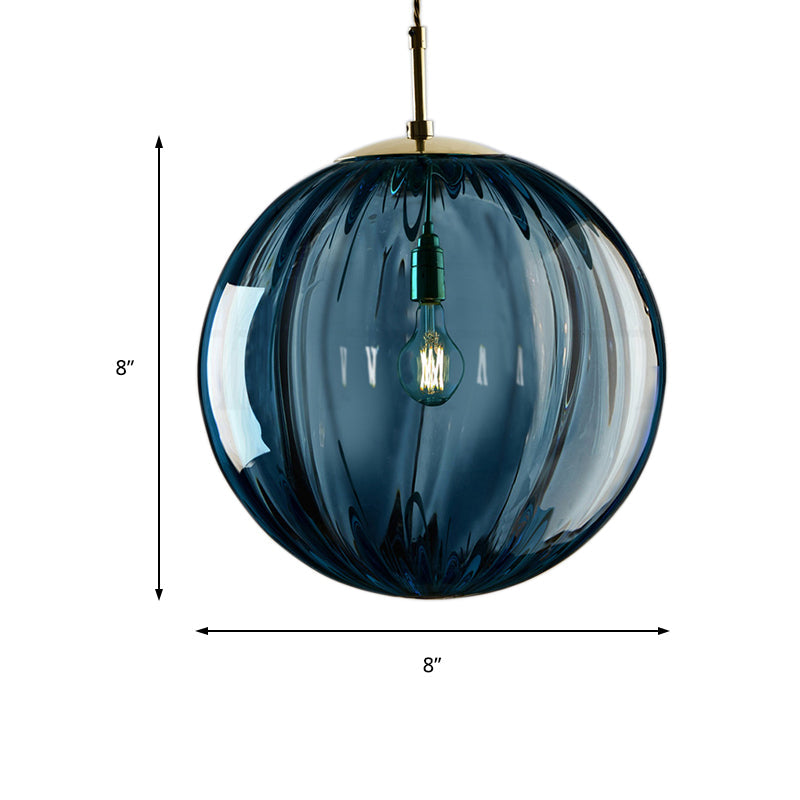 Sleek Sphere Pendant Light: Modern Blue/Purple/Smoky Ribbed Glass, LED Ceiling Lamp for Bedroom