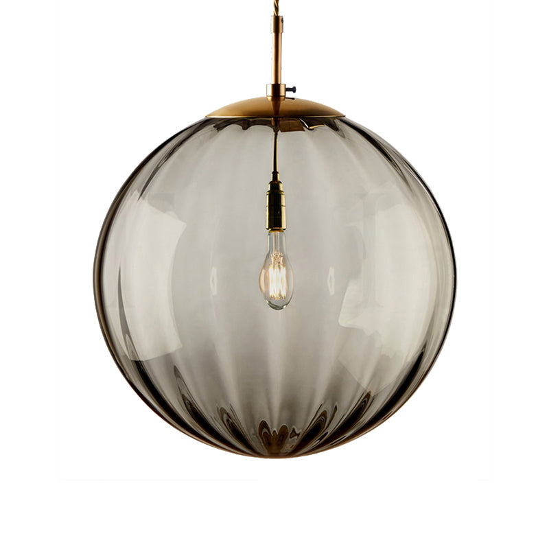 Sleek Sphere Pendant Light: Modern Blue/Purple/Smoky Ribbed Glass, LED Ceiling Lamp for Bedroom