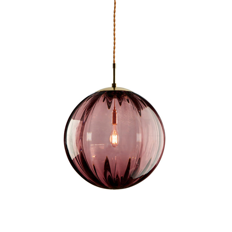 Sleek Sphere Pendant Light: Modern Blue/Purple/Smoky Ribbed Glass, LED Ceiling Lamp for Bedroom