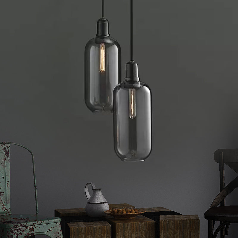 Modernist Amber/Smoky Glass Cylinder Pendant Ceiling Lamp - 1 Light Living Room Hanging 4/5.5 Wide