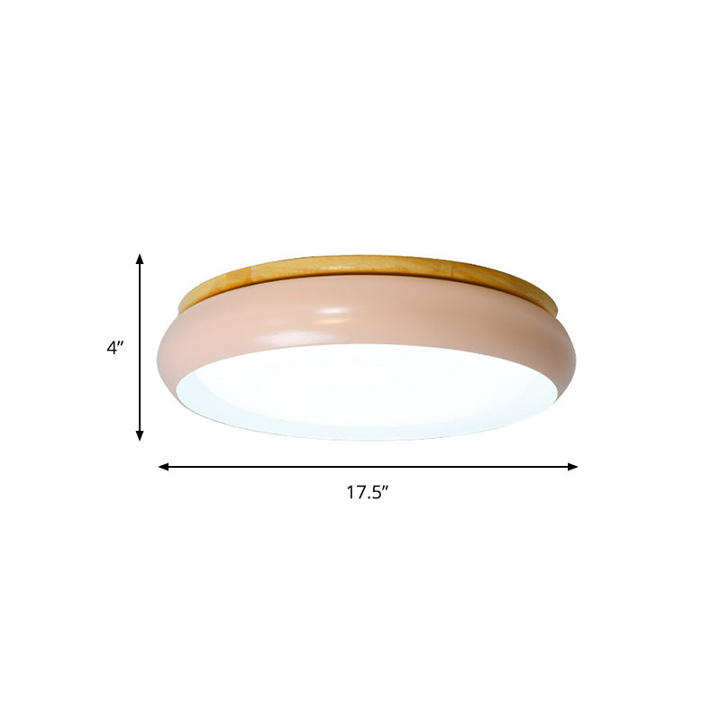 18"/21.5" Dia LED Flush Mount Drum Lamp in Macaron Wood White/Pink/Green - White/Warm/Natural Light