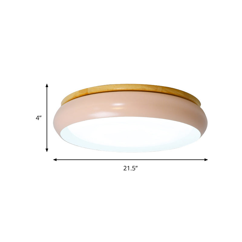 18"/21.5" Dia LED Flush Mount Drum Lamp in Macaron Wood White/Pink/Green - White/Warm/Natural Light