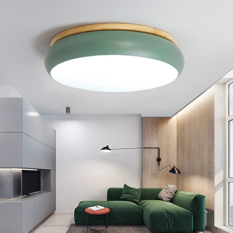 18"/21.5" Dia LED Flush Mount Drum Lamp in Macaron Wood White/Pink/Green - White/Warm/Natural Light