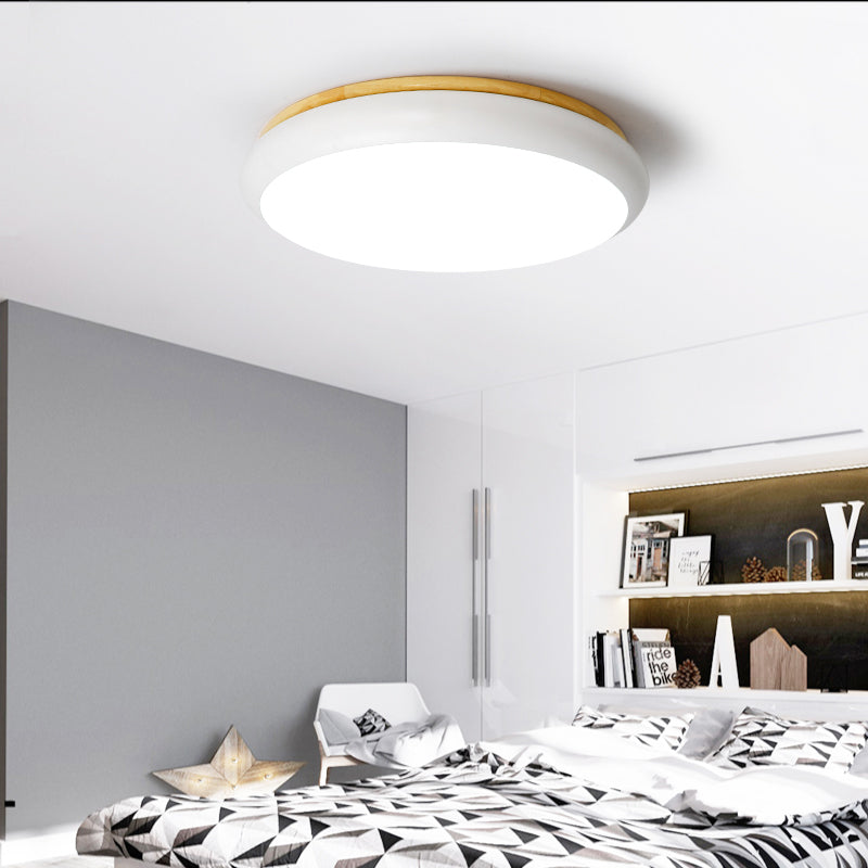 18"/21.5" Dia LED Flush Mount Drum Lamp in Macaron Wood White/Pink/Green - White/Warm/Natural Light
