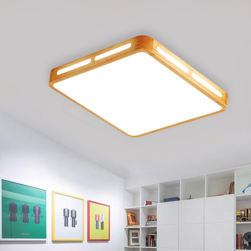 Modern Wood Beige LED Ceiling Light for Bedroom - Rectangle Flush Mount Lamp, 12"/18"/21"/25.5" Wide