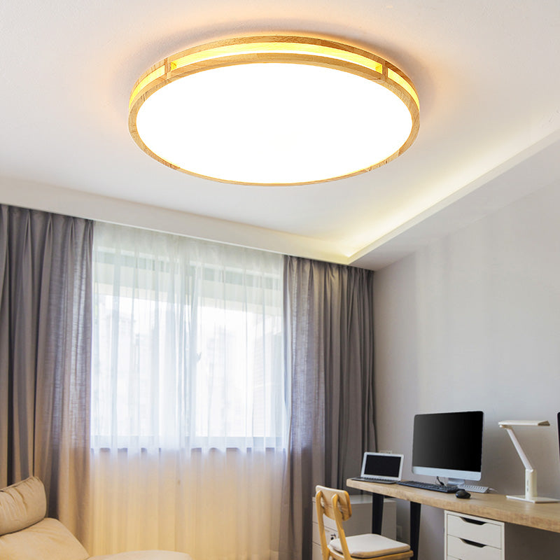 Contemporary Wood Beige LED Flush Mount Lamp - 14"/16"/19.5" Dia Circle with Acrylic Diffuser
