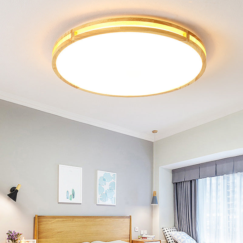 Contemporary Wood Beige LED Flush Mount Lamp - 14"/16"/19.5" Dia Circle with Acrylic Diffuser