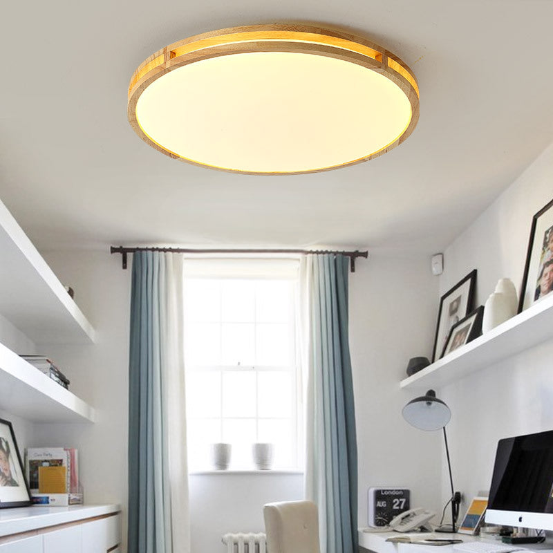 Contemporary Wood Beige LED Flush Mount Lamp - 14"/16"/19.5" Dia Circle with Acrylic Diffuser