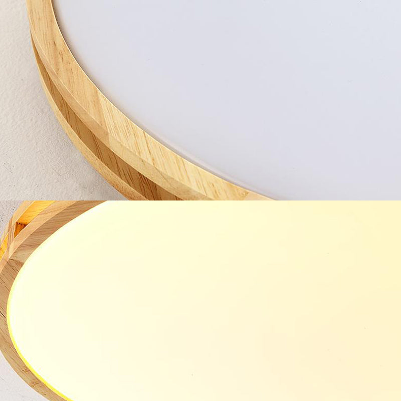 Contemporary Wood Beige LED Flush Mount Lamp - 14"/16"/19.5" Dia Circle with Acrylic Diffuser
