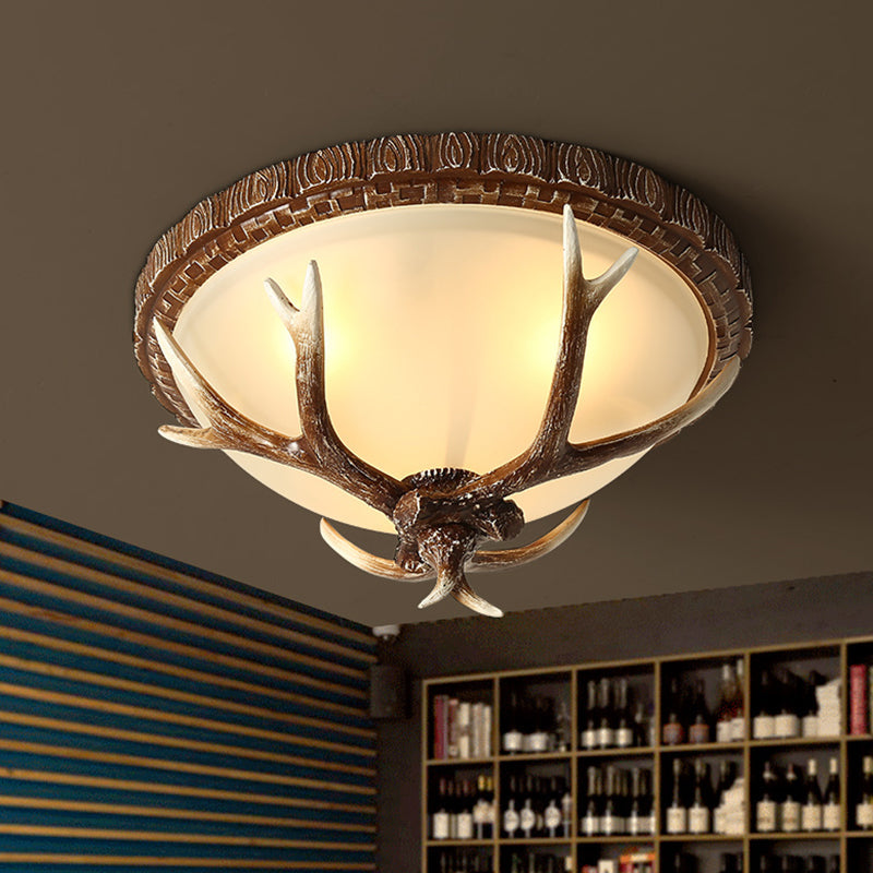 Antler Decorated Traditional Flushmount Ceiling Light With Frost Glass - 3 Heads For Restaurants