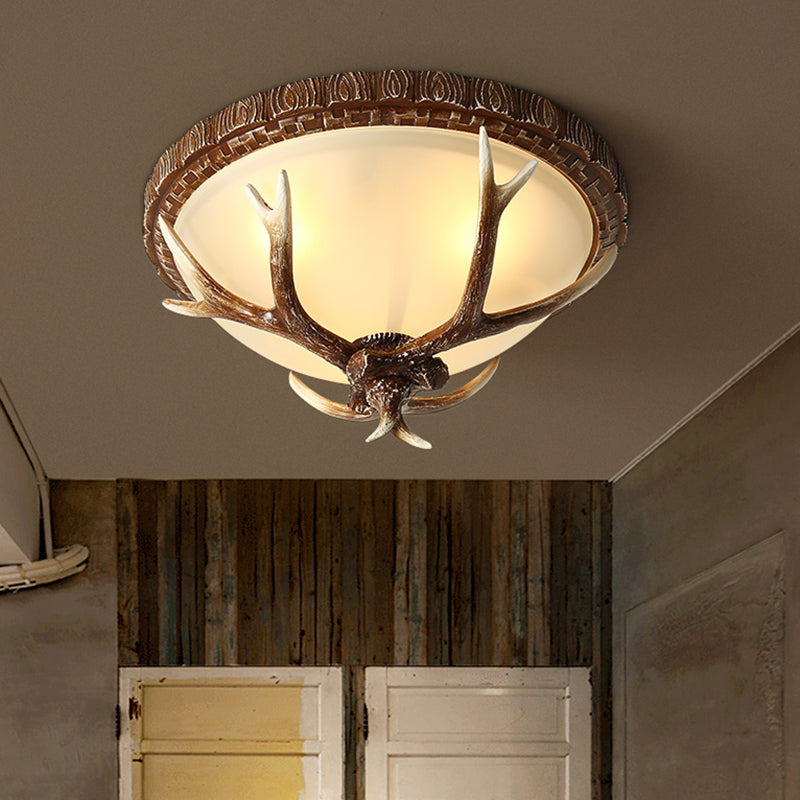 Antler Decorated Traditional Flushmount Ceiling Light With Frost Glass - 3 Heads For Restaurants