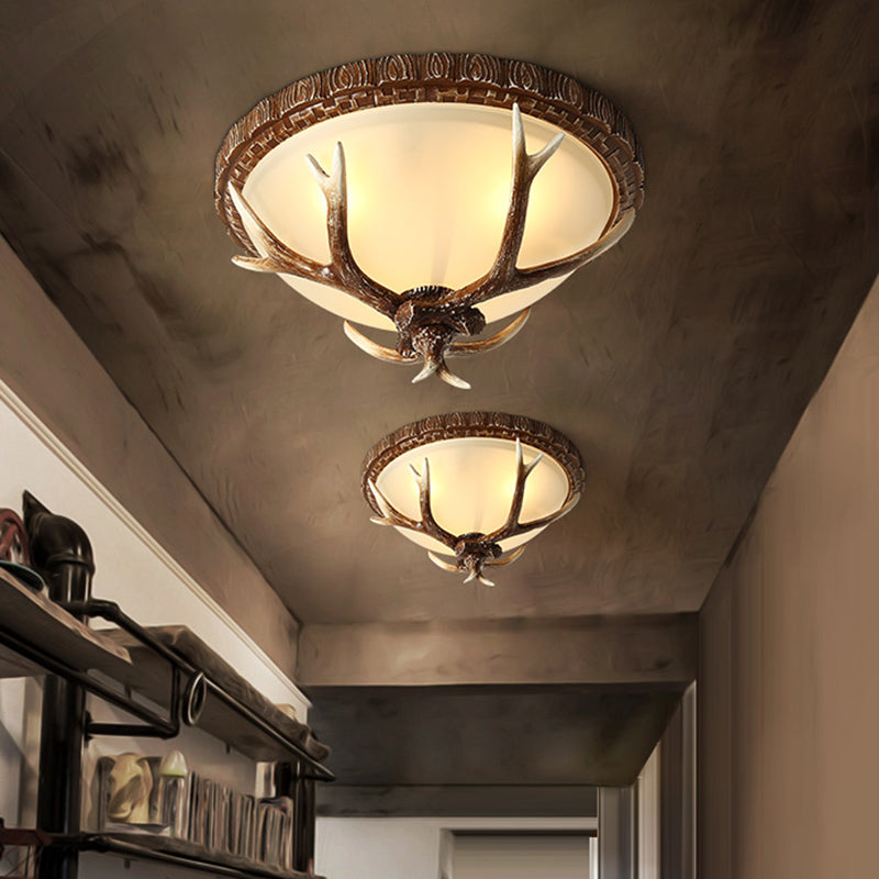Antler Decorated Traditional Flushmount Ceiling Light With Frost Glass - 3 Heads For Restaurants