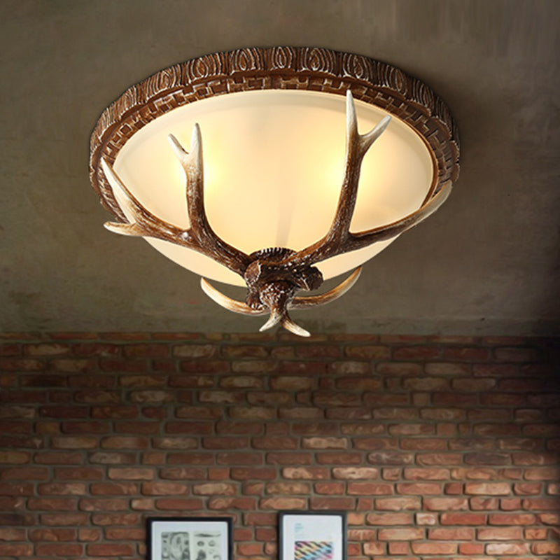 Antler Decorated Traditional Flushmount Ceiling Light With Frost Glass - 3 Heads For Restaurants
