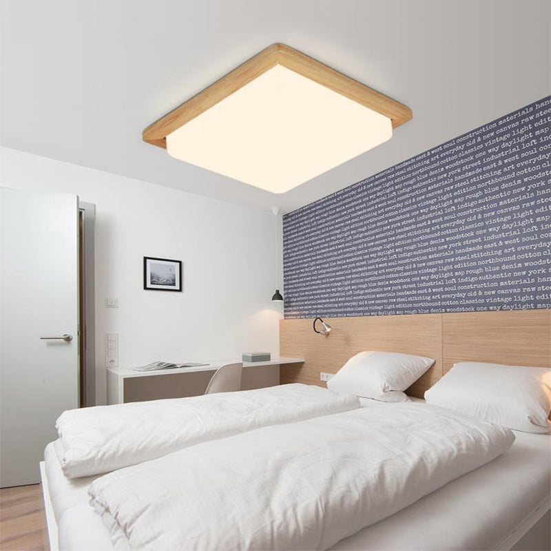 Modern Square Ceiling Mount Light with Beige Acrylic Shade, LED Flush Mount Lamp (White/Warm Light), Wood Canopy - Available in Multiple Widths: 12.5"/14"/18"/22"/26