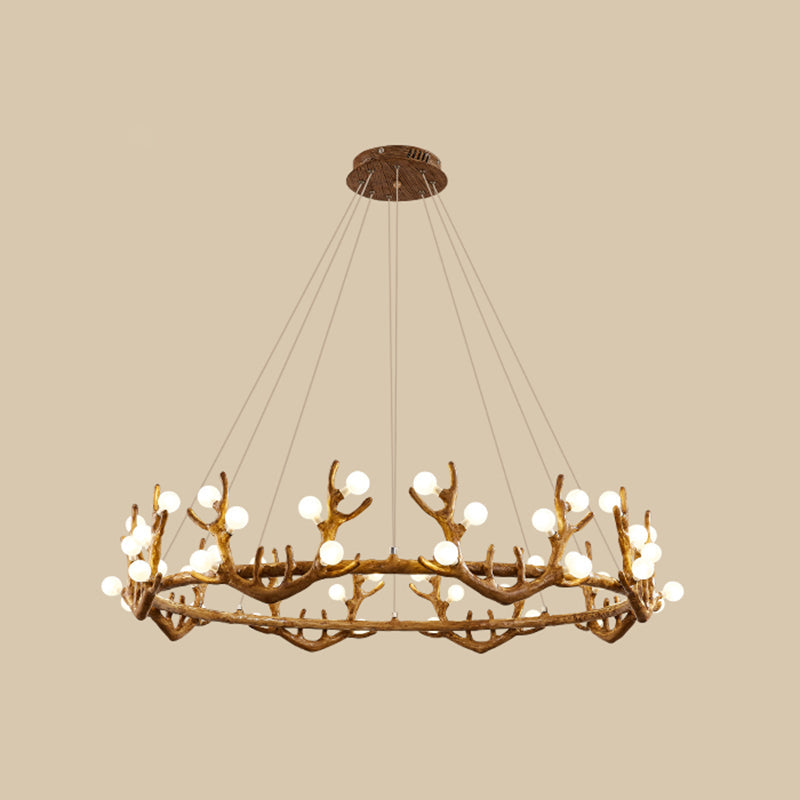 Vintage Resin Brown Led Chandelier Light - Antler Living Room Ceiling Lighting With Frosted Glass