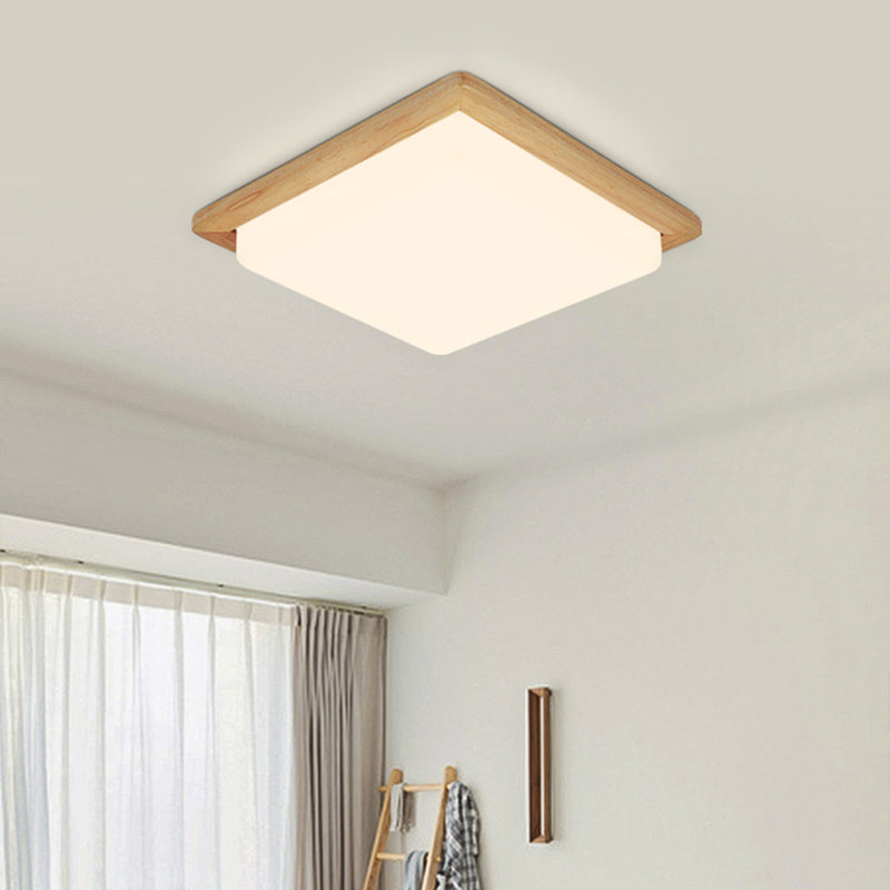 Modern Square Ceiling Mount Light with Beige Acrylic Shade, LED Flush Mount Lamp (White/Warm Light), Wood Canopy - Available in Multiple Widths: 12.5"/14"/18"/22"/26