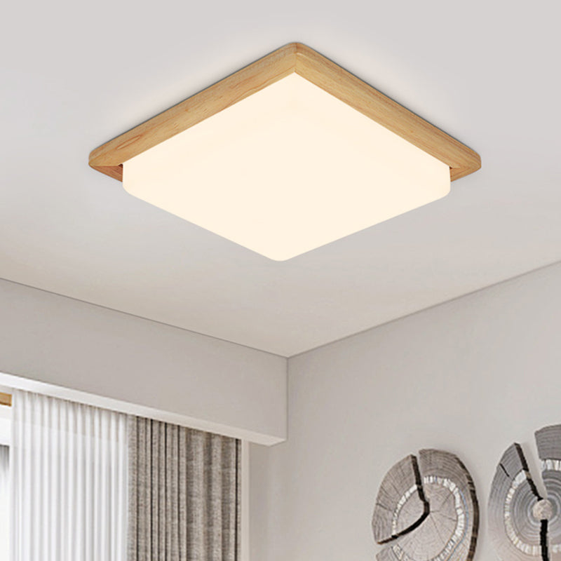 Modern Square Ceiling Mount Light with Beige Acrylic Shade, LED Flush Mount Lamp (White/Warm Light), Wood Canopy - Available in Multiple Widths: 12.5"/14"/18"/22"/26
