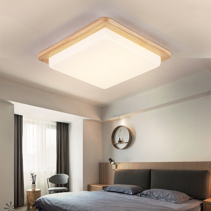Modern Square Ceiling Mount Light with Beige Acrylic Shade, LED Flush Mount Lamp (White/Warm Light), Wood Canopy - Available in Multiple Widths: 12.5"/14"/18"/22"/26