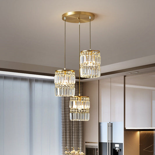 Brass Multi-Light Chandelier with Cylinder Hanging Pendant and Tri-Prism Crystal for Contemporary Dining Room