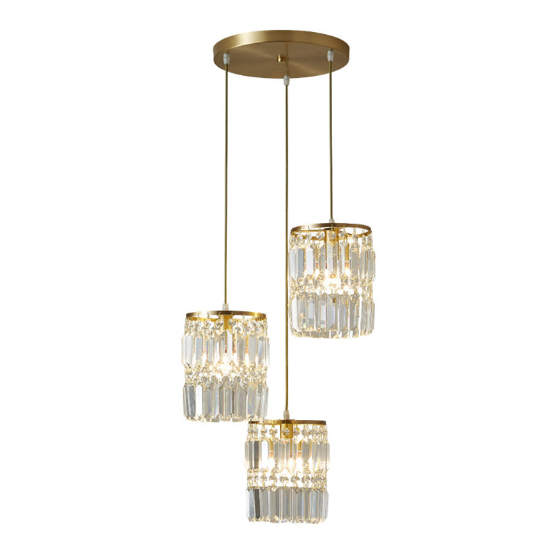 Brass Multi-Light Chandelier with Cylinder Hanging Pendant and Tri-Prism Crystal for Contemporary Dining Room