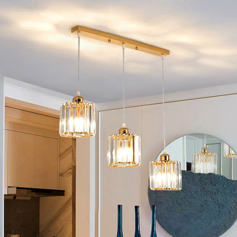 Gold Cube Crystal Multi-Light Ceiling Fixture for Dining Room with 3 Bulbs