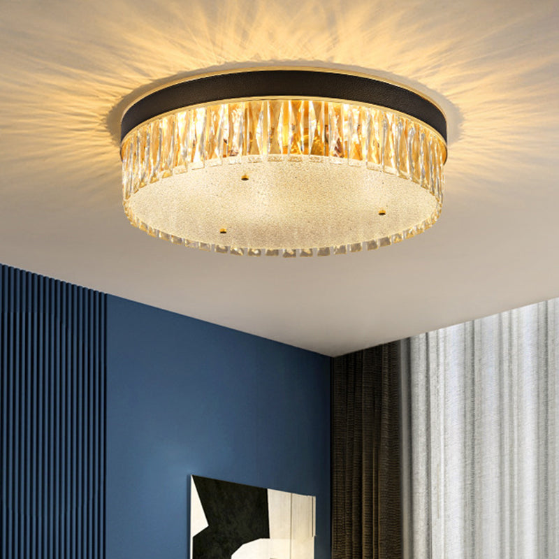Faceted Crystal Drum Flush Mount Black Minimalist Lighting Fixture