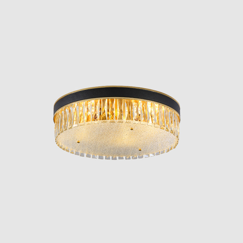 Faceted Crystal Drum Flush Mount Black Minimalist Lighting Fixture