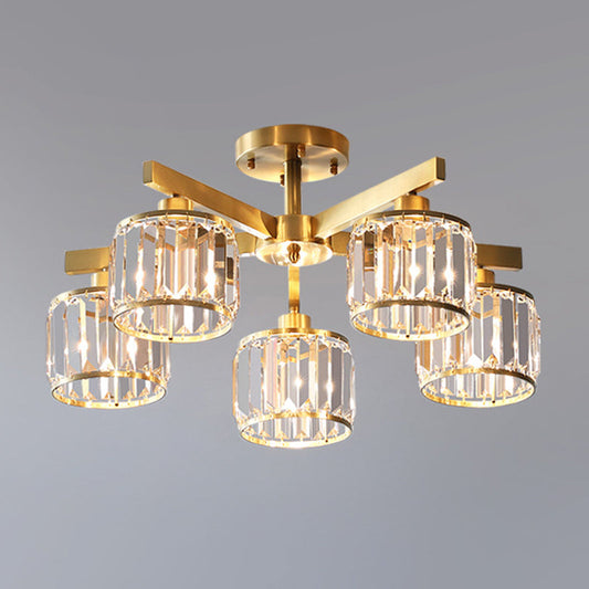 Modern Gold Semi Flush Mount Ceiling Light with Metallic Radial Design and Crystal Cylinder Shade