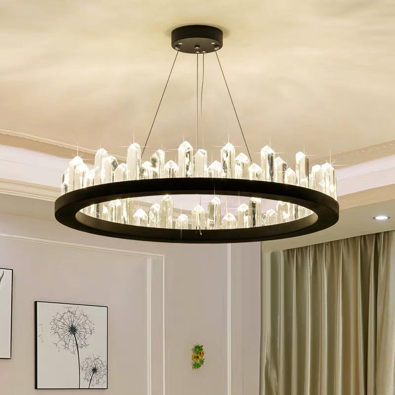 Black Metal LED Ceiling Chandelier with Crystal Accents for Modern Living Room Lighting