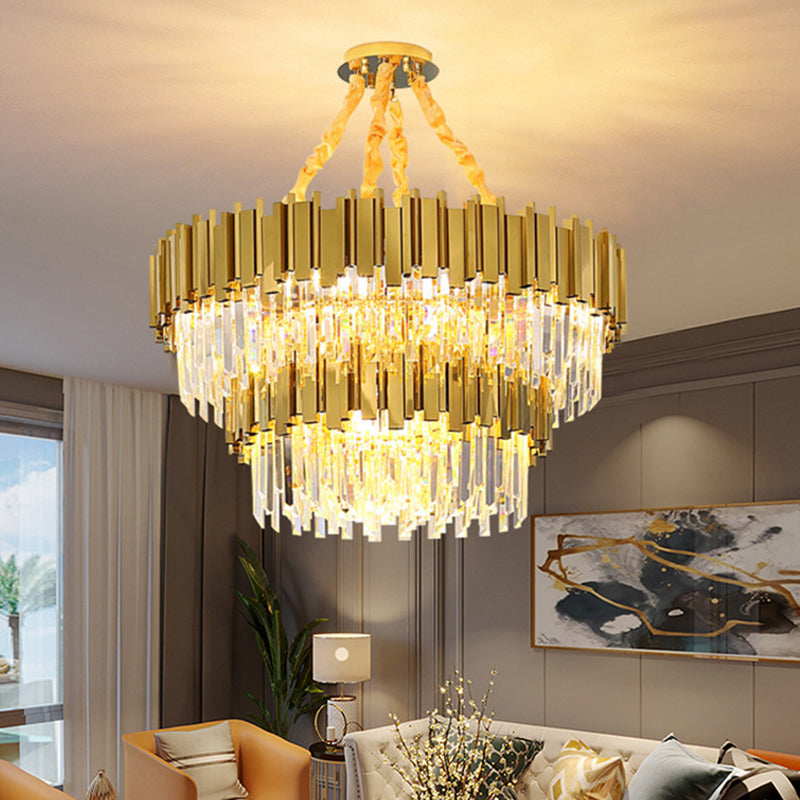 Modern Gold Drum Chandelier Pendant Light With Crystal Tri-Prism Design - Ideal For Living Room