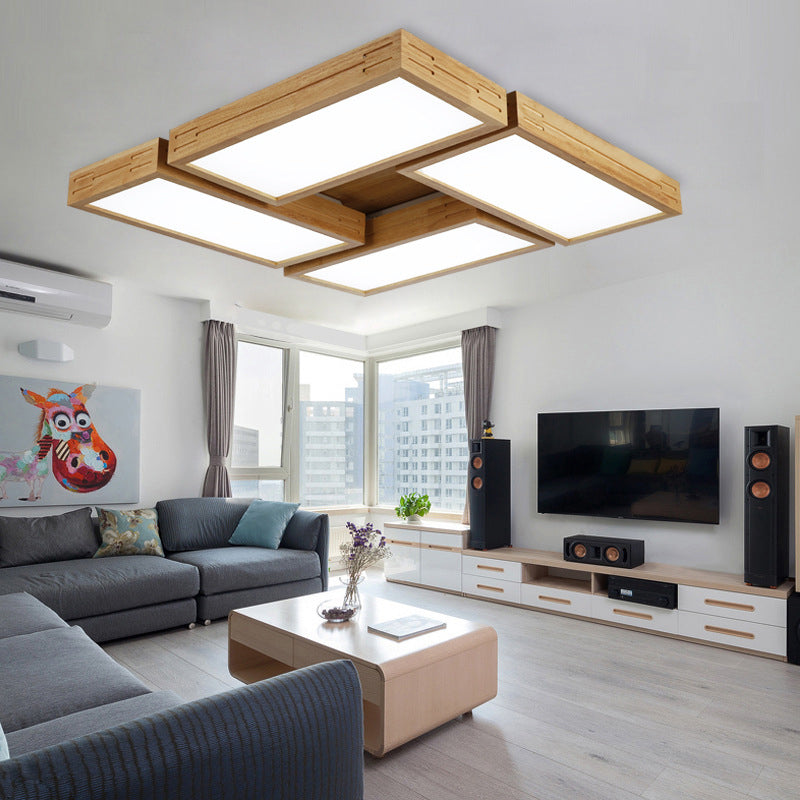 Minimalist Wood Ceiling Mounted Light with Acrylic Diffuser - Beige, Rectangle Shape, 1/4 Lights, White/Warm Light Flush Mount
