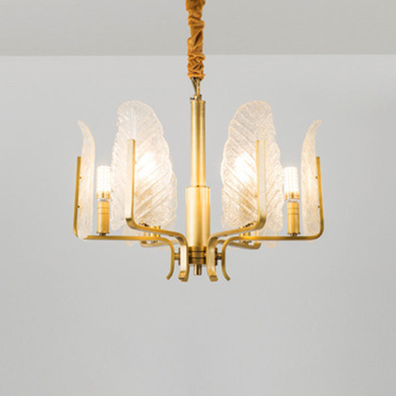 Postmodern Seedy Glass Gold Leaf-Shaped Chandelier Light for Living Room Ceiling