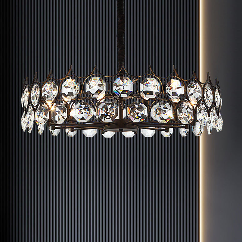 Modern Black Geometric Chandelier with Beveled Crystal Pendant Light for Living Room