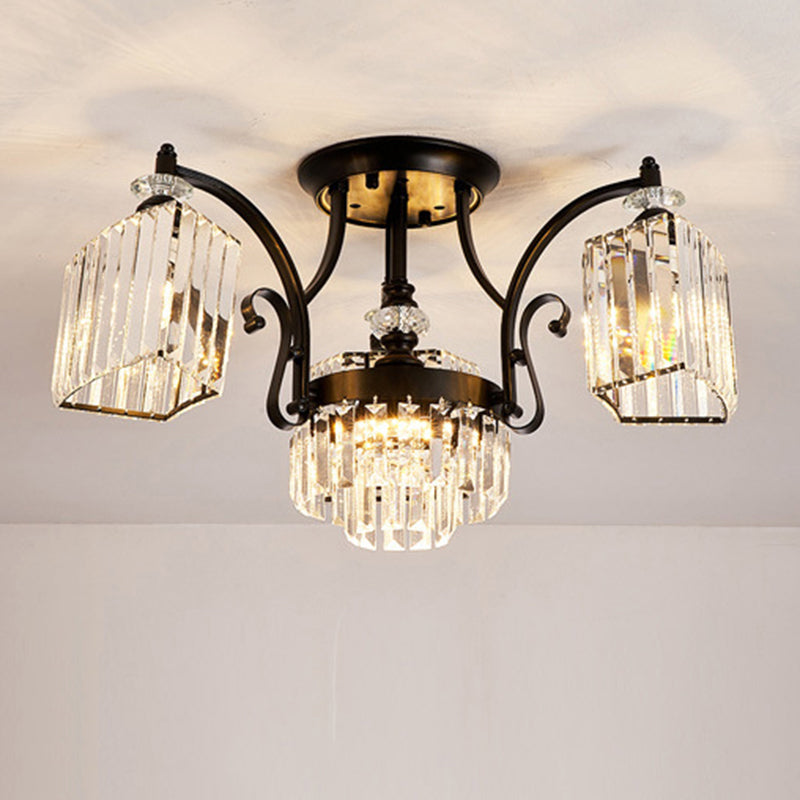 Retro Black Crystal Semi Flush Chandelier for Tiered Living Room Ceiling