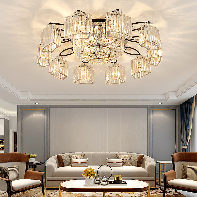 Black Semi Flush Mount Light with Clear Prismatic Crystal for Modern Branch Style