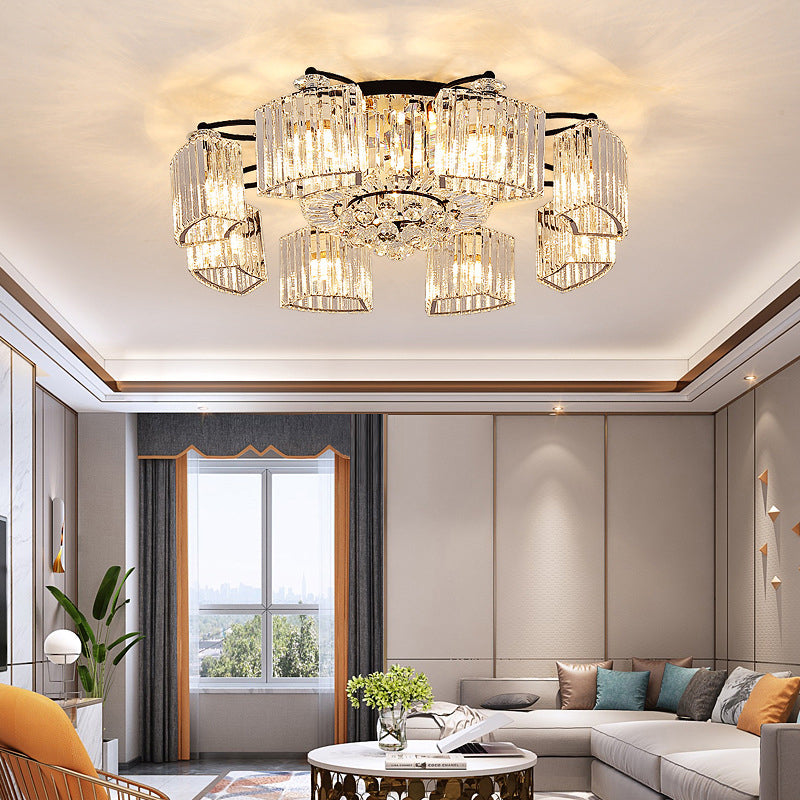 Black Semi Flush Mount Light with Clear Prismatic Crystal for Modern Branch Style