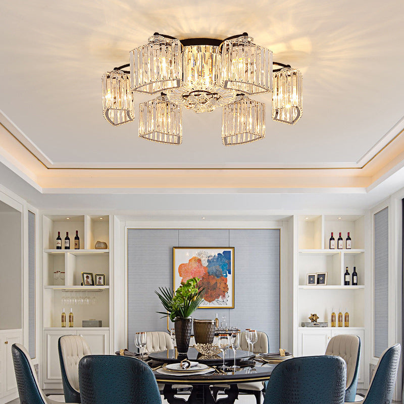 Black Semi Flush Mount Light with Clear Prismatic Crystal for Modern Branch Style