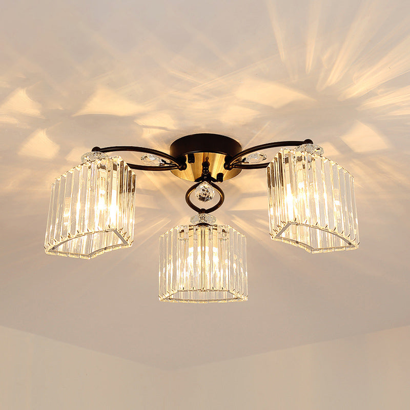 Black Semi Flush Mount Light with Clear Prismatic Crystal for Modern Branch Style