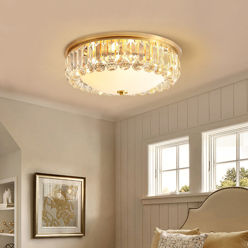 Gold Milk Glass Dome Ceiling Mount Light with Crystal Accent - Postmodern 4-Bulb Flush Lamp