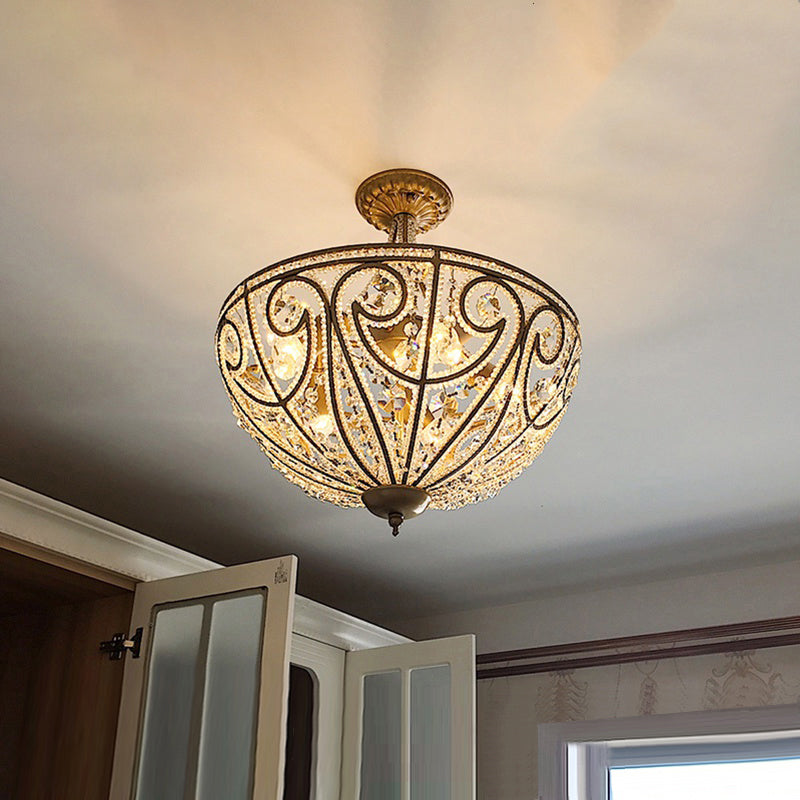 Rustic Dome Flush Mount Lamp - Gold Finish with Crystal Octagons & 5 Lights